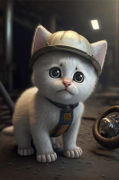 white cat working on construction, Illustration of adorable kitten with nice fur and funny face expressions created with Generative AI technology