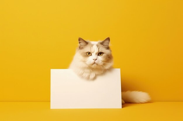 White cat on yellow background space to write yellow background digital illustration Generative