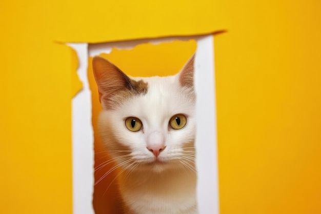 White cat on yellow background space to write yellow background digital illustration Generative