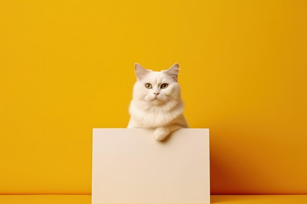 White cat on yellow background space to write yellow background generative ai