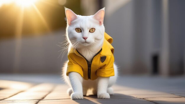 white cat in yellow clothes on a gray city background in sunlight