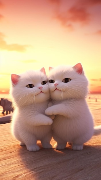 White cats hugging each other on a beach