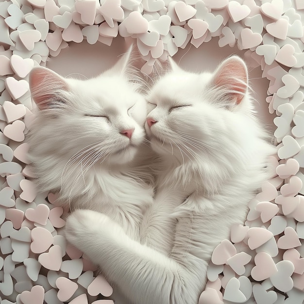 White cats hugging in love with white hearts around romantic photo