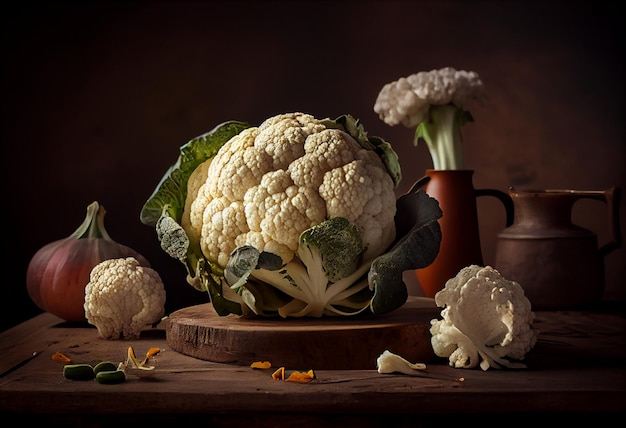 White cauliflower with leaves on a dark background rustic AI Generated