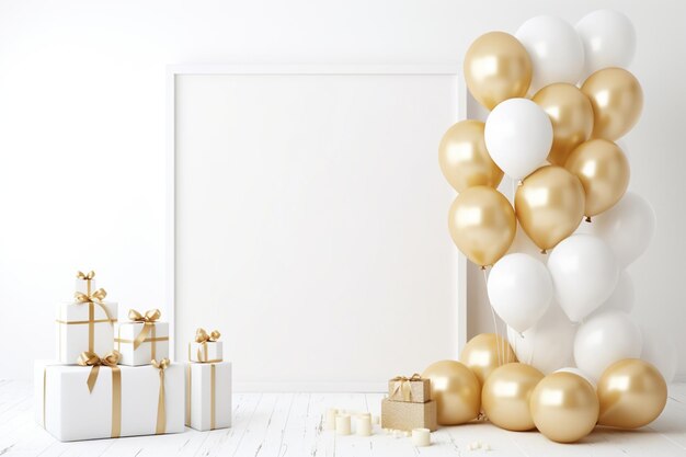 white celebration background with balloons and gifts