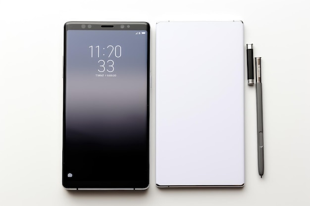 Photo a white cell phone and a black pen the sleek electronic device contrasts with the traditional writing instrument creating an interesting visual composition isolated on a transparent background png