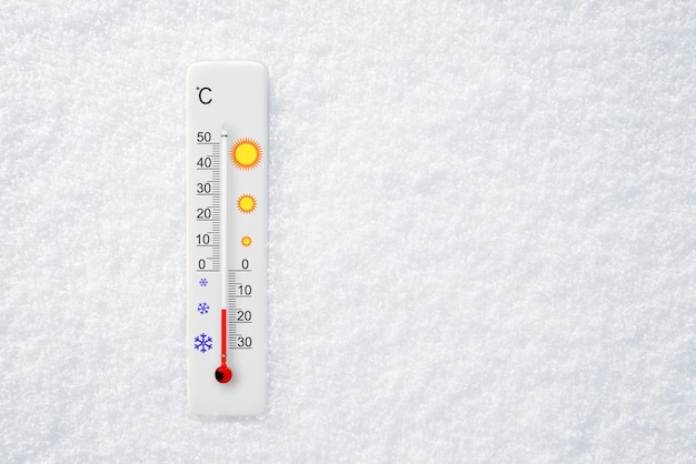 White celsius scale thermometer in snow Ambient temperature minus 15 degrees celsius