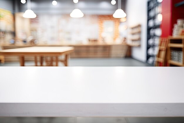 white cement table over blur store background