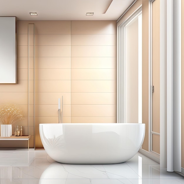 Белая керамическая ванна, хромированный смеситель для душа, дует прозрачная занавеска в солнечном свете на бежево-коричневом цвете
