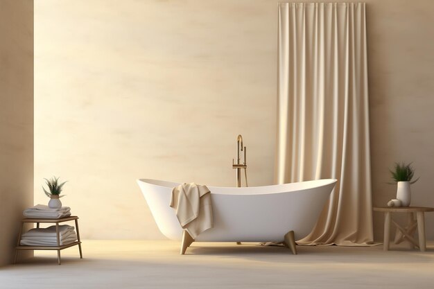 White ceramic bathtub with a gold shower head blowing Generative Ai