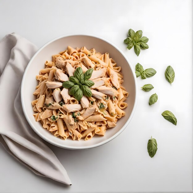 A white ceramic bowl of pasta with green leaves on white background