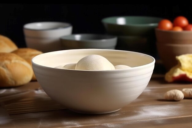 Photo white ceramic bowl with dough on table powder nutrition recipe flour generate ai