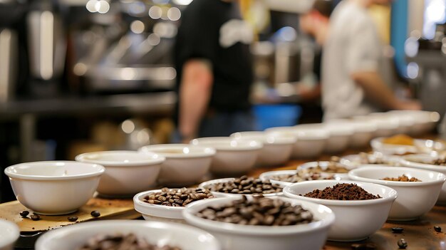 White ceramic bowls filled with different types of coffee beans and ground coffee on a wooden table in a coffee shop