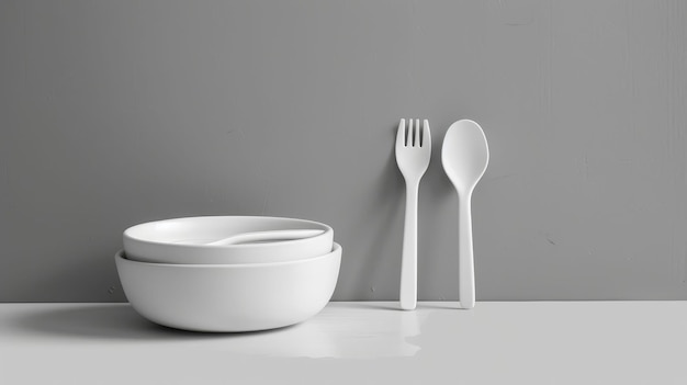 Photo white ceramic bowls with set of fork and spoon