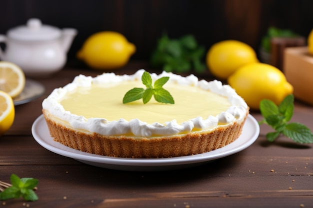 White ceramic cake pan with lemons ingredients for making a lemon curd pie on a white stone table