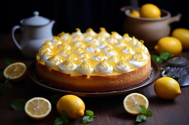 Photo white ceramic cake pan with lemons ingredients for making a lemon curd pie on a white stone table