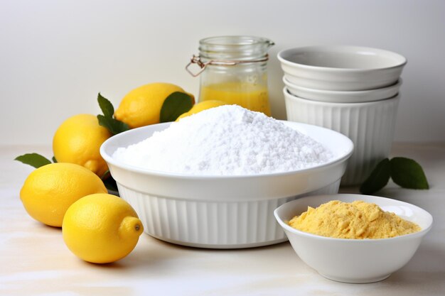 白い石のテーブル上でレモンの乳酪パイを作るためのレモンの材料を持つ白いセラミックケーキパン