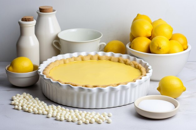 Photo white ceramic cake pan with lemons ingredients for making a lemon curd pie on a white stone table