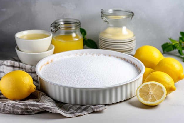 Photo white ceramic cake pan with lemons ingredients for making a lemon curd pie on a white stone table