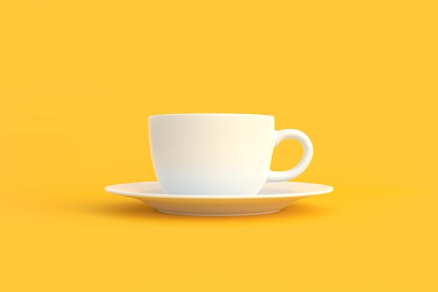 White ceramic coffee cup on yellow background White mug empty blank for coffee or tea 3D render