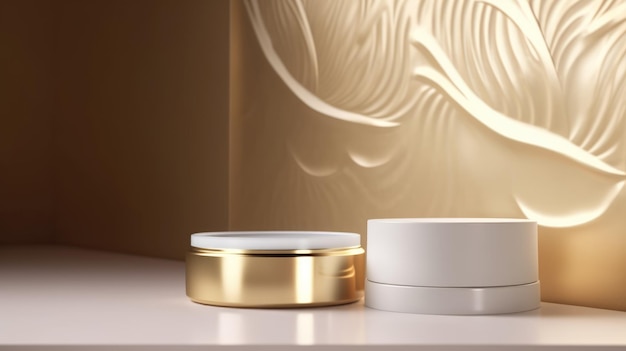 A white ceramic container with a gold design on the top.