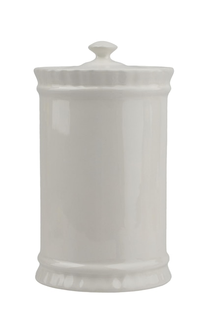 A white ceramic container with a round handle and a round top