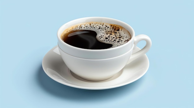 White ceramic cup of black coffee on a saucer isolated on blue background Closeup