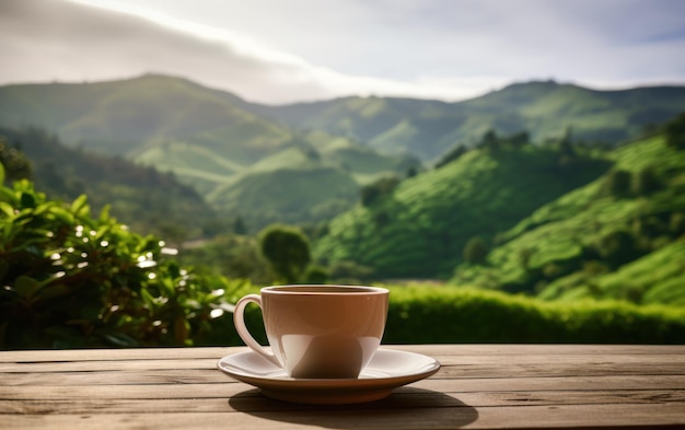 A white ceramic cup of tea on a wooden table