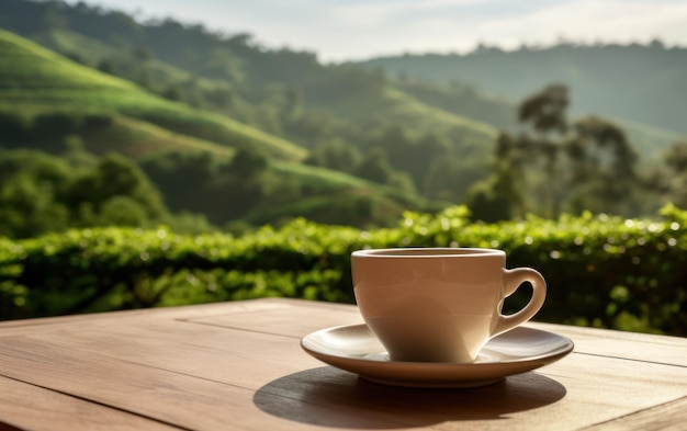 木製のテーブルの上にある白い陶器の茶のカップ