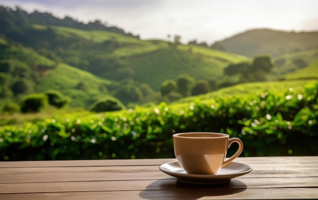 A white ceramic cup of tea on a wooden table