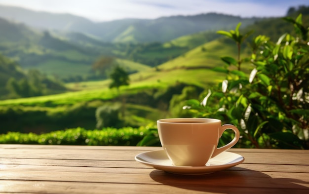 A white ceramic cup of tea on a wooden table