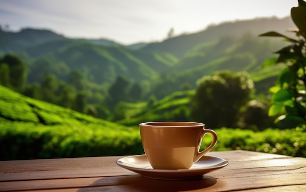 A white ceramic cup of tea on a wooden table