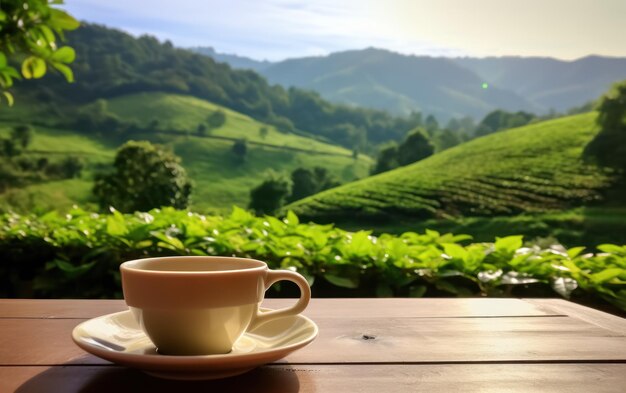 木製のテーブルの上にある白い陶器の茶のカップ