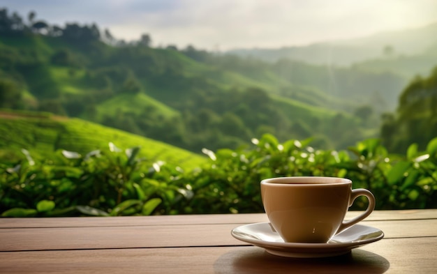 A white ceramic cup of tea on a wooden table