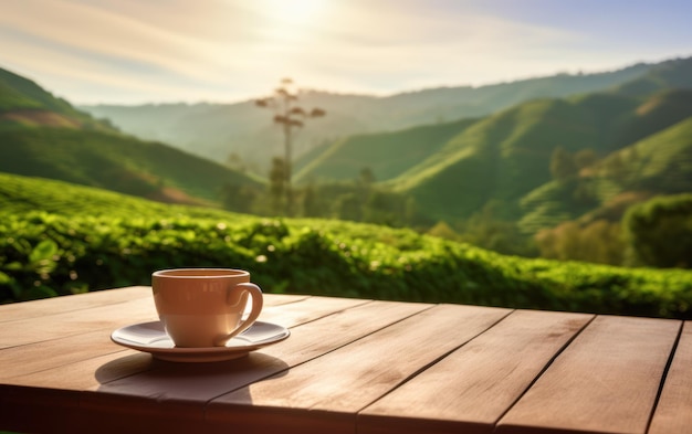 A white ceramic cup of tea on a wooden table