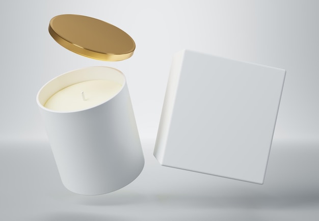 Foto candela in barattolo di vetro in ceramica bianca con coperchio dorato e scatola d rendering mockup