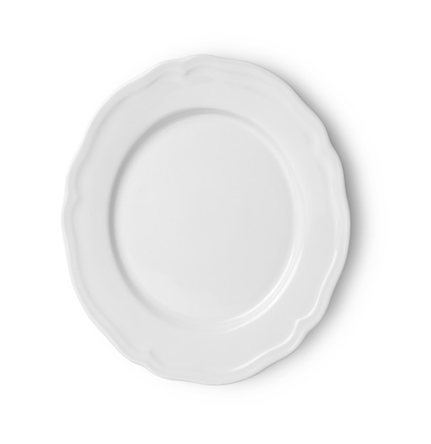 White ceramic plate on white background. top view