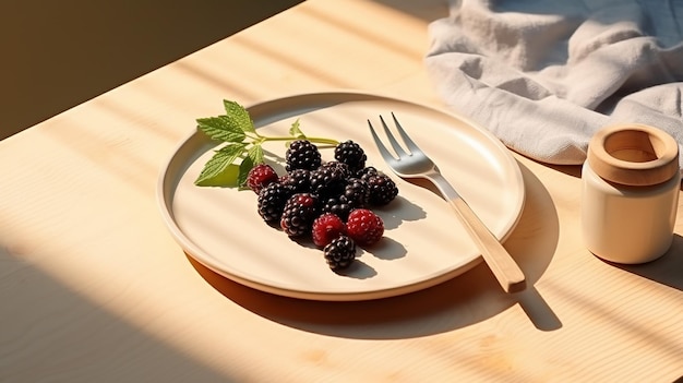 White ceramic plate with pancake blueberry black raspberry