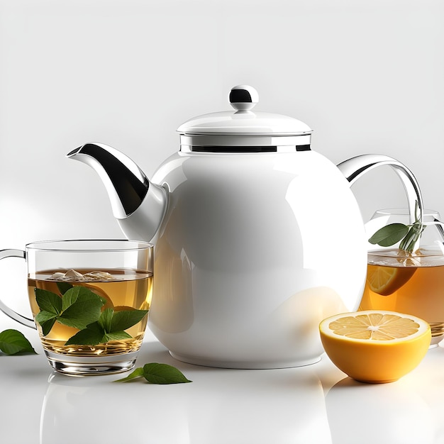 Photo white ceramic pot with cup of tea