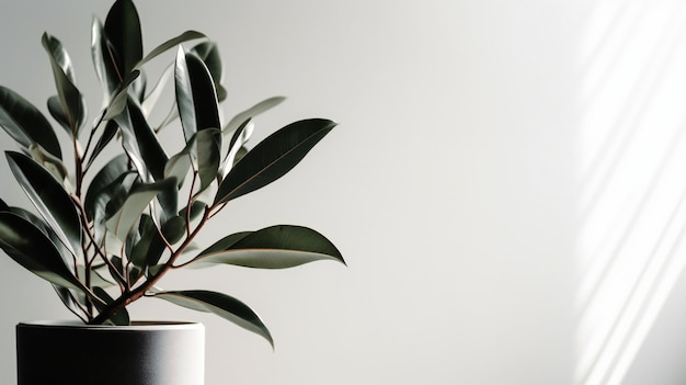 A white ceramic pot with a rubber plant on it.