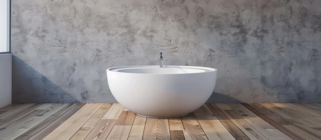 Foto lavandino rotondo in ceramica bianca sul pavimento in legno del bagno, ciotola di lavaggio ovale in bagno