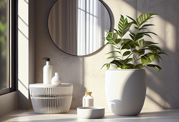 White ceramic side table beside a marble bathtub in a modern bathroom with green plants AI Generated