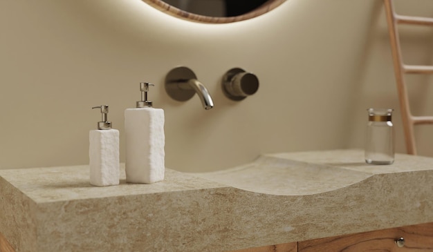 Dispenser di sapone in ceramica bianca su lavandino in pietra per mobili da bagno rubinetto a parete d rendering