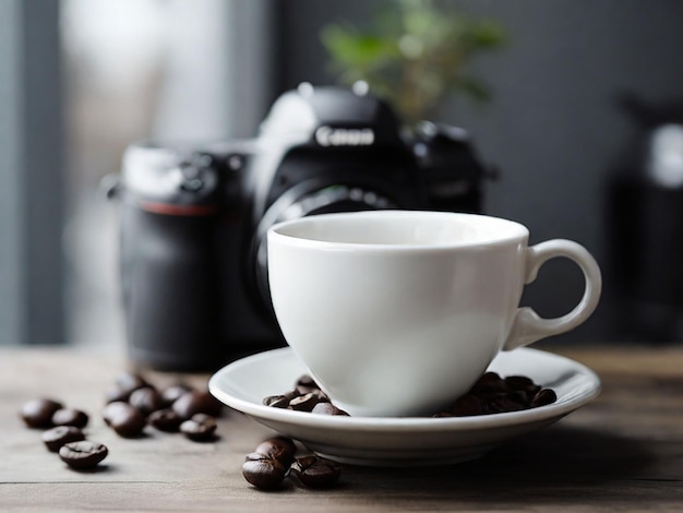 Photo white ceramic teacup filled with coffee near gray dslr camera