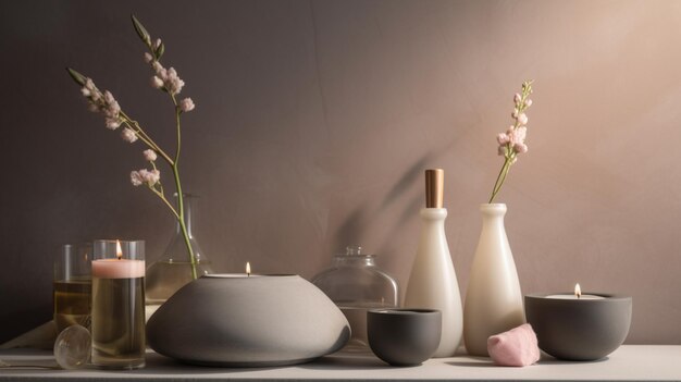 Белый керамический чайник стоит на столе с цветами на заднем плане.