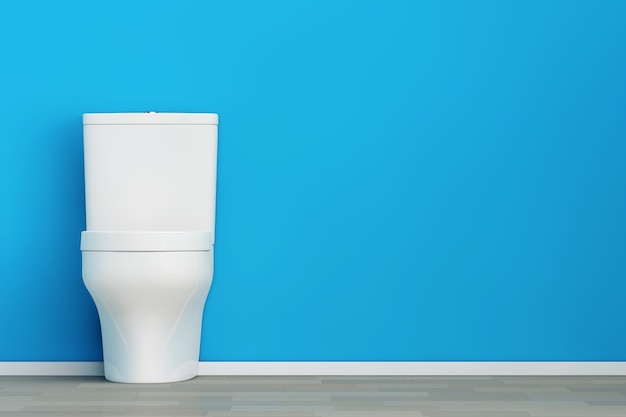 White Ceramic Toilet Bowl in front of Blue Wall. 3d Rendering.