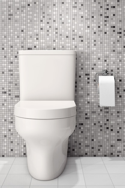 White Ceramic Toilet Bowl in front of Tiles Wall. 3d Rendering