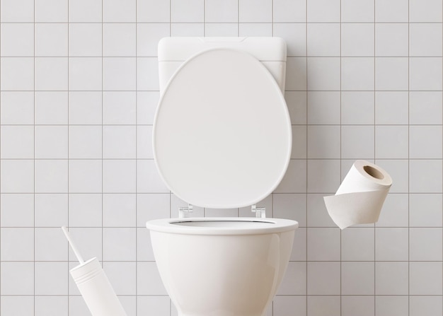 White ceramic toilet WC in white room Hygiene defecation problems with digestion constipation diarrhea concept Toilet room close up view 3D rendering