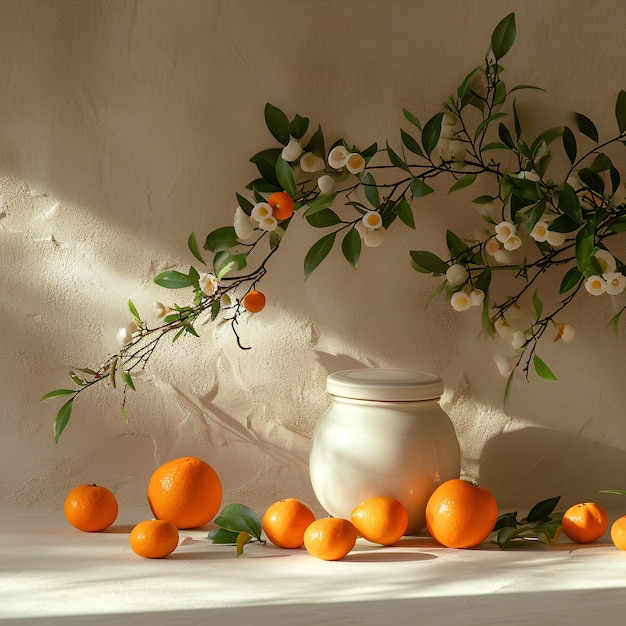 A white ceramic vase has several brown grapefruits on it