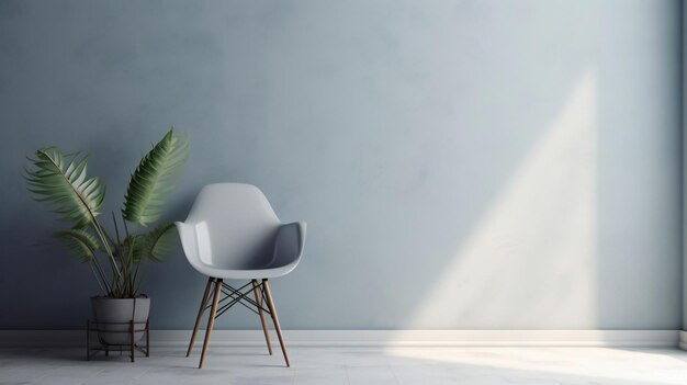 A white chair in a blue room with a plant next to it.